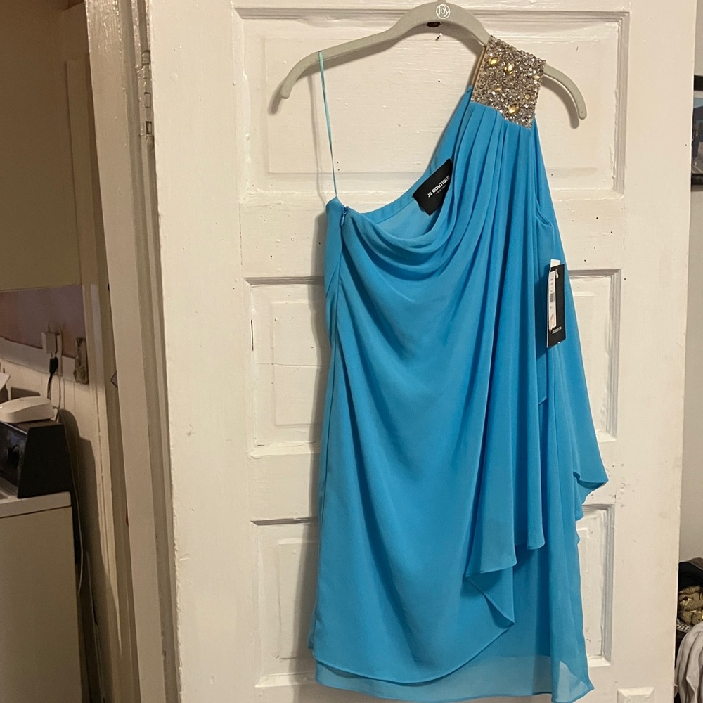 New.  Lord n Taylor , baby blue chiffon , one shoulder with gold detailing at